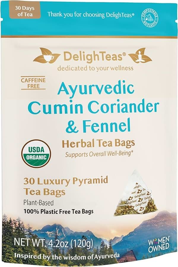 DelighTeas Organic Digest & Detox CCF Tea | Eco-friendly, Compostable Pyramid Tea Bags | Ayurvedic Cumin, Coriander, Fennel Tea | USDA Organic, Caffeine Free, Kosher | 30 Tea Bags, 4g each - Product Image
