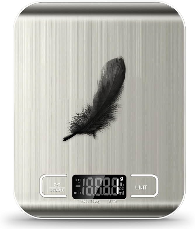 Food Scale, 11lb Kitchen Scale with 6 Units Tare Function & LCD Display, 0.05oz/1g Stainless Steel Digital Food Scale Grams and Ounces for Baking, Cooking, Dieting and Meal Prep (Batteries Included) - Product Image