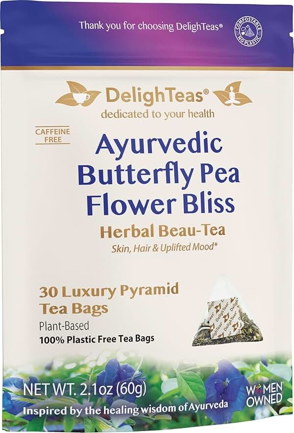 DelighTeas Organic Butterfly Pea Flower Bliss Tea | Eco-Conscious Pyramid Tea Bags | With Ginger, Lemongrass & Licorice | USDA Organic, Vegan, Caffeine Free, Kosher | 30 Tea Bags, 2g each - Product Image
