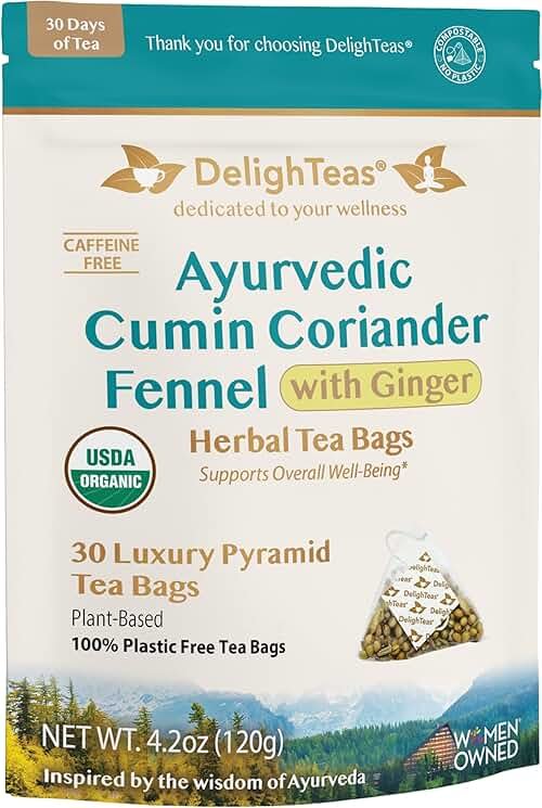DelighTeas Organic Digest & Detox CCF Tea with Ginger | Eco-Conscious Pyramid Tea Bags | Ayurvedic Cumin Coriander Fennel Ginger Tea | USDA Organic, Vegan, Caffeine Free, Kosher | 30 Tea Bags, 4g each - Product Image