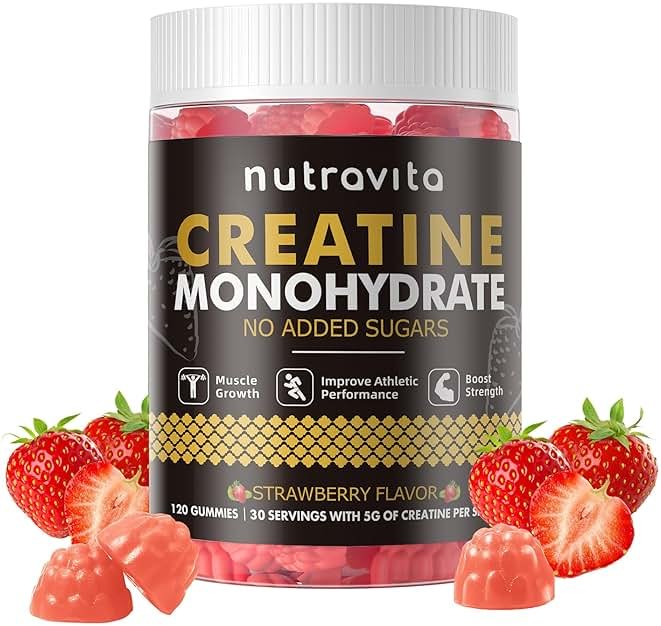 Nutravita NSF Certified Creatine Gummy - Creatine Monohydrate Gummies for Men & Women-5g of Creatine Monohydrate per Serving - Sugar Free,Vegan, Strawberry Flavor, 120 Count - Product Image