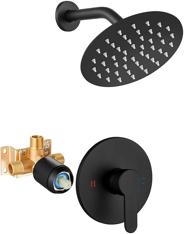 Airuida Shower Faucet Set,6 Inch Round Rainfall Shower Head,SUS304 Stainless Steel Single Handle Shower Trim Kit,Wall Mount Bathroom System with Male Threads Valve Matte Black - Product Image