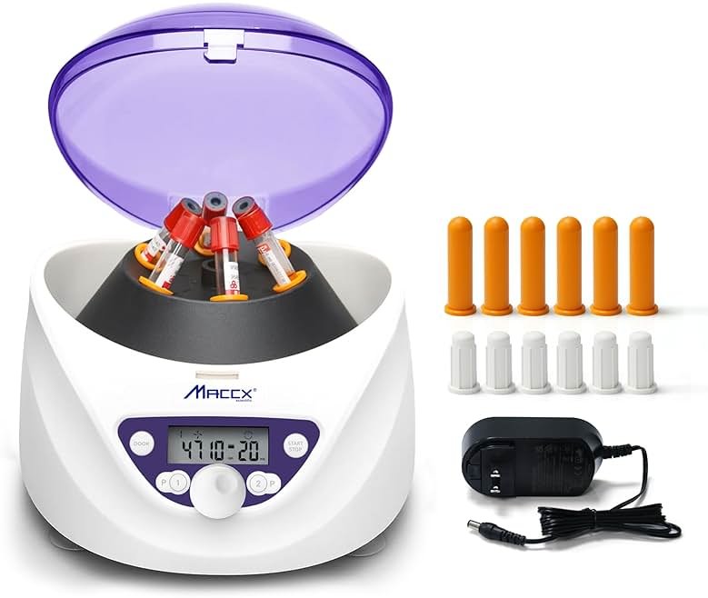 Maccx Lab PRP Benchtop Centrifuge Machine, Speed Range from 300-5000RPM, Rotor for 1.5-5mL/7mL/10mL/15mL/ x6 Tubes, Max. RCF 2600xg Low Speed PRF Benchtop Centrifuge, CEN-001 - Product Image