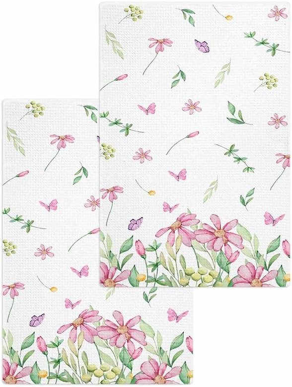 Watercolor Floral Waffle Kitchen Hand Towels Set of 2,Super Absorbent & Quick Dry Hair Dish Bath Tea Golf Microfiber Soft Towel Cleaning Washcloth,Sprinf Summer Leaves Pink Green White 15.7"x23.6" - Product Image