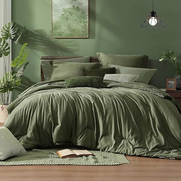 Monbix Queen Comforter Set - 7 Pieces Cationic Dyeing Olive Green Bed in a Bag Queen Bedding Sets with Comforter, Sheets, Pillowcases & Shams, Reversible Bedding Comforters Sets - Product Image