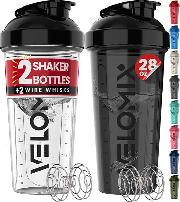 VELOMIX -2 Pack- 28 oz Protein Shaker Bottles for Protein Mixes - 2x Wire Whisk | Leak Proof Shaker Cups for Protein Shakes | Protein Shaker Bottle Pack (Black/Transparent) - Product Image