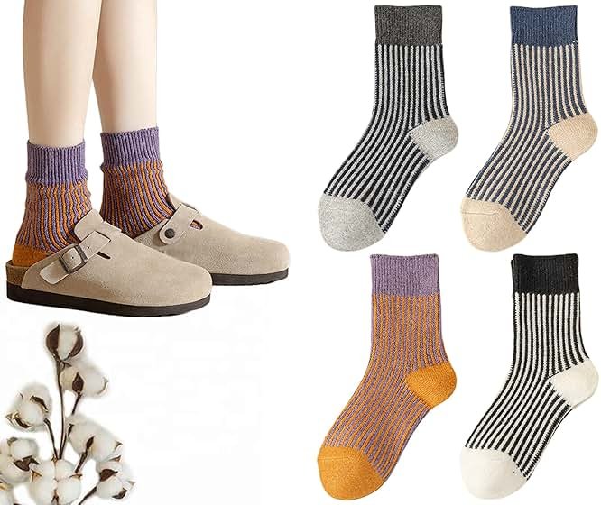 CHUNFO Womens Strip Ankle Socks Cute Athlete Ribbed Colorful Slouch Crew Cotton Casual Sock Size5-10.5 - Product Image