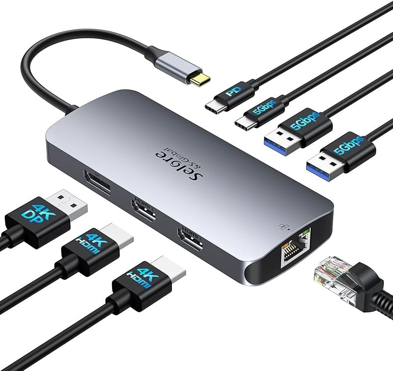 USB C Docking Station Dual Monitor, Selore Docking Station 3 Monitors Triple 4K Display with 2 HDMI, DisplayPort, 1Gbps Ethernet, 100W PD Charging, USB 3.0 Ports Adapter for Dell, HP, Lenovo,etc - Product Image