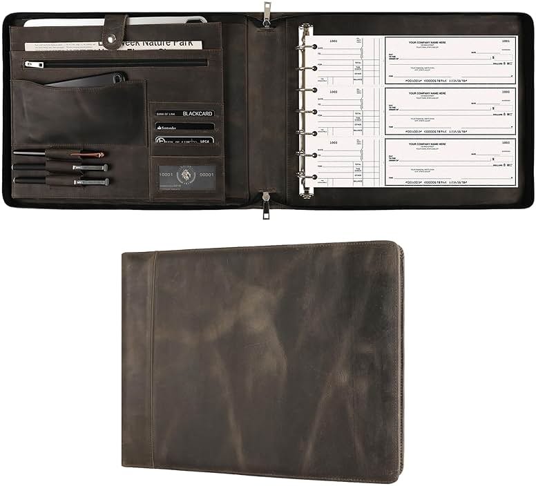 DUKE&COW Leather Business Checkbook Binder - 7 Ring Check Binder Zippered Business Check Binder with Check Book Holder for 3 Per Page 600 Checks Capacity for 9 x 13 inch Sheets, Grey - Non Custom - Product Image