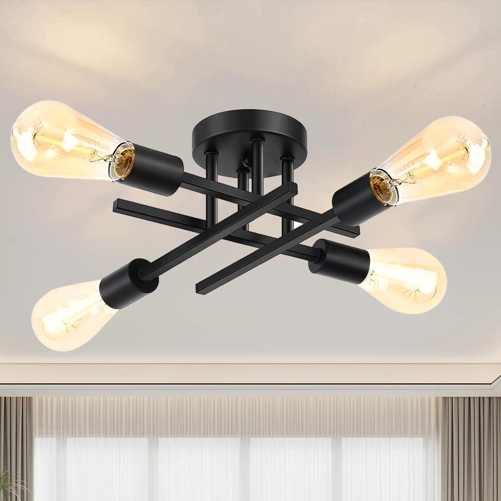 Maichixin Ceiling Light, Dining Room Light Fixture with E26 Base, Semi Flush Mount Ceiling Light Fixture, Kitchen Lighting Fixtures Ceiling, 4-Light Matte Black Chandelier for Bedroom - Product Image