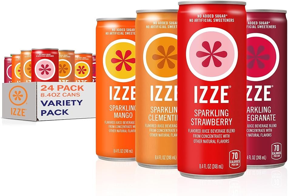 IZZE Sparkling Water Juice Beverage Blend, Dawn Variety Pack, Mango, Clementine, Strawberry, Pomegranate, No Sugar Added, 8.4 FL OZ, 24 Cans - Product Image