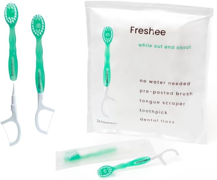 Freshee Bead -5 in 1 Disposable Mini Toothbrush with Toothpaste Bead + Floss + Pick + Tongue Scraper | Travel Size | Individually Wrapped | Soft | Extra Mint | Travel Set | Oral Care - Product Image
