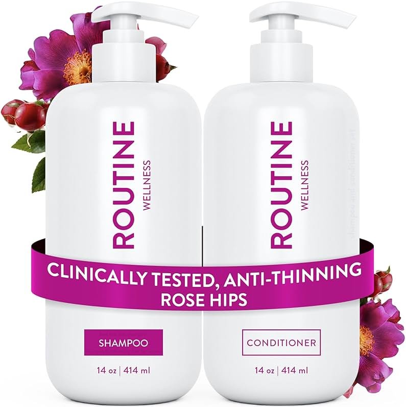 Routine Wellness Anti-Thinning Shampoo and Conditioner Set for Thinning Hair - Biotin DHT Blocker Women & Men - Color Safe Shampoo for Hair Loss & Healthier Hair - Rose Hips Set - Product Image