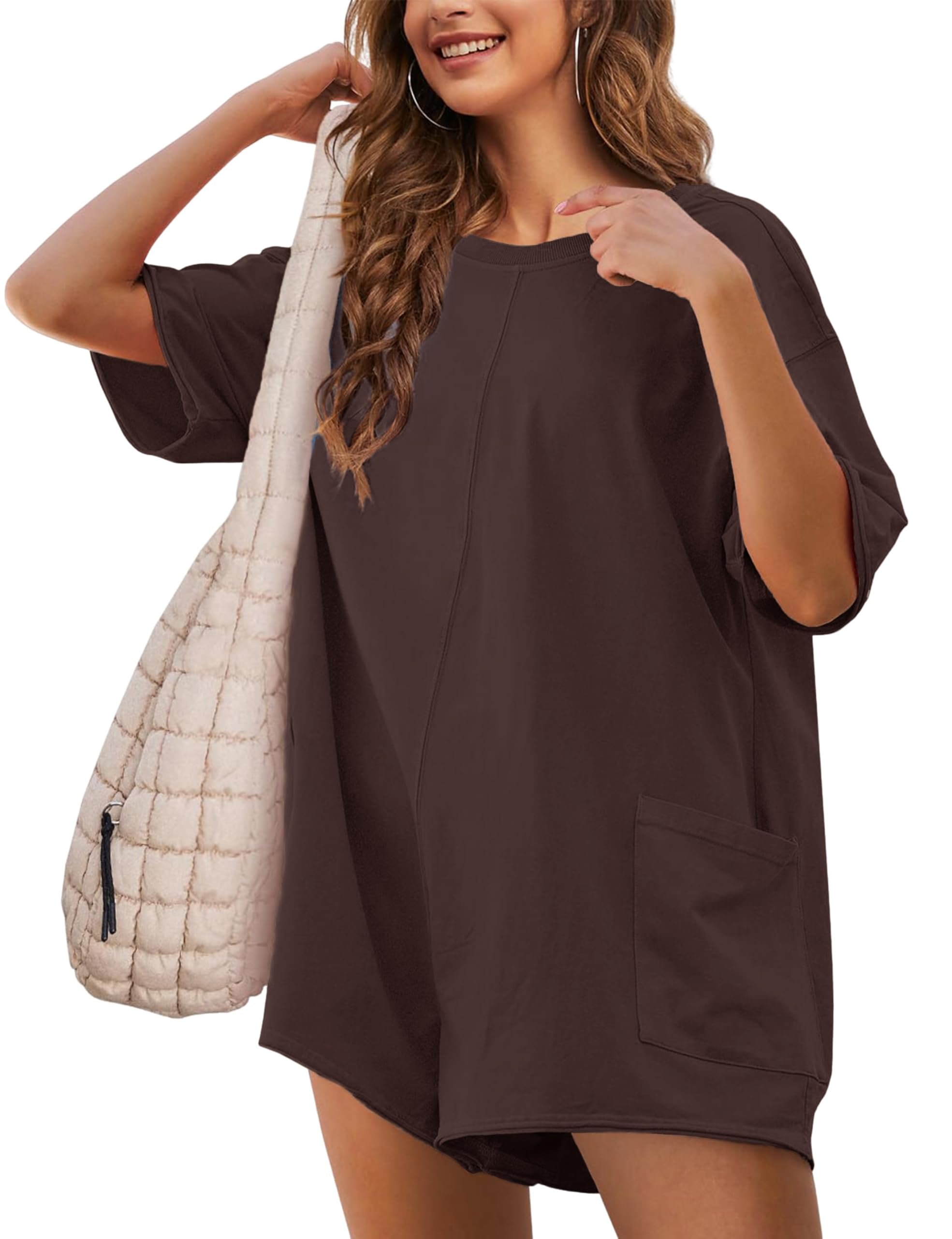 Yeokou Rompers for Women Casual Short Sleeve Oversized Athletic Workout Reversible Hot Shot Tee Romper Deep Pockets - Product Image