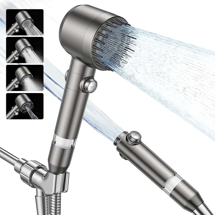 JOMST Filtered Shower Head with Handheld,High Pressure Shower Head 4 Spray Modes,ShowerHead with ON/OFF Switch for Pets,Built-in Power Wash to Clean Tub,Shower Heads Combo with Stainless Steel Hose - Product Image