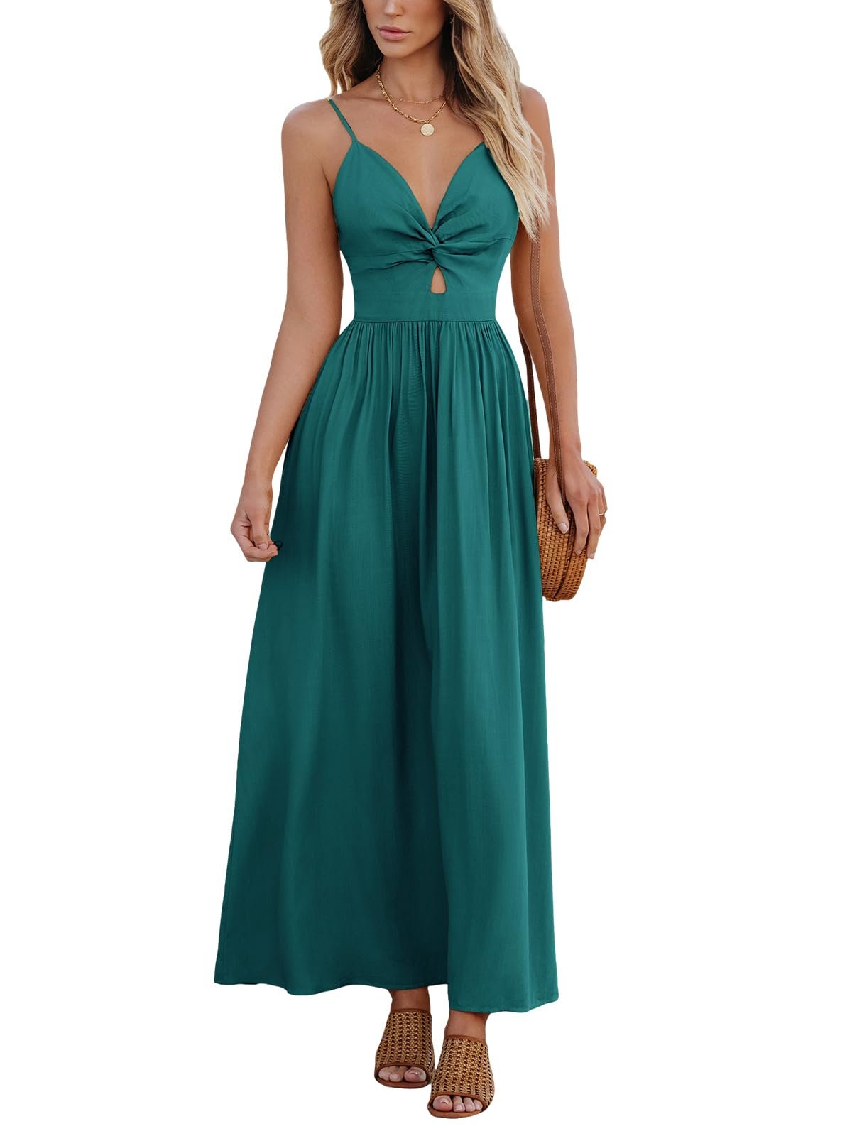 CUPSHE Women Casual Dress Beach Sleeveless V Neck Summer Cutout Spaghetti Straps Formal Maxi Sun Dresses - Product Image