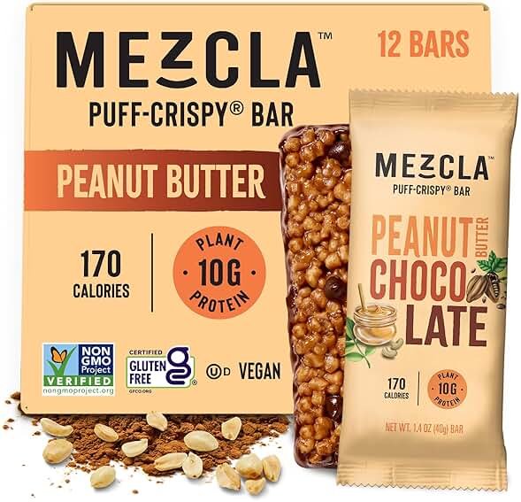 Mezcla Puff-Crispy Plant Based Protein Bars - Peanut Butter Chocolate - Healthy Snacks for Adults & Kids - Perfect School, Travel, & Office Snacks - Gluten Free, Vegan, Non GMO, 10g Protein - 12 Count - Product Image
