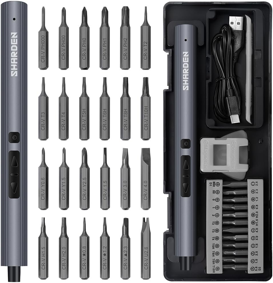 SHARDEN Mini Electric Screwdriver, 29 in 1 Small Electric Screw Driver Kit with 24 Magnetic Bits, Precision Cordless Repair Tool for Phone, Camera, Laptop, Watch - Product Image