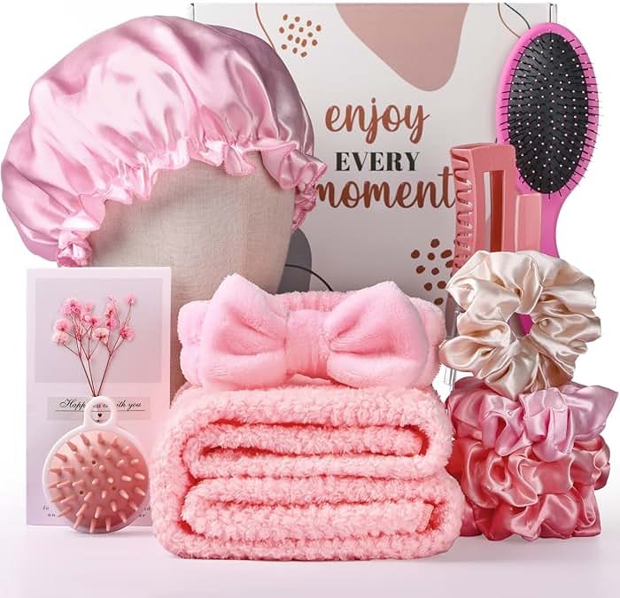 Sawysine 12 Pcs Hair Care Gift Basket for Women Pink Hair Spa Kit Include Microfiber Drying Towel Silk Bonnet Headband Brush for Birthday Wedding Gifts - Product Image