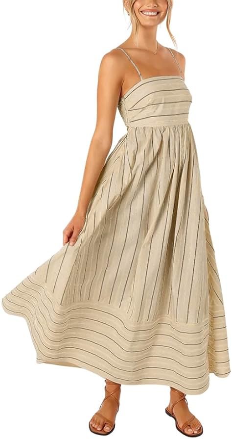 chouyatou Women's Striped Back Smocked Maxi Dress Sexy Spaghetti Strap Cut Out Flowy Swing Long Dress - Product Image