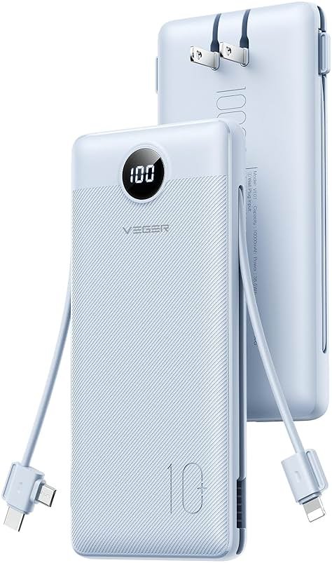 VEGER AC Wall Plug Portable Charger, 10000mah Slim Portable Charger Built in Cables, USB C Power Bank 15W Fast Charging, Travel Essential Battery Pack Compatible with iPhone, Android and More(Blue) - Product Image