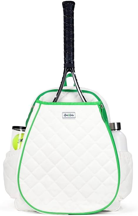 Ame & Lulu Game On Tennis Backpack - Contains Padded & Adjustable Straps - Two Exterior Water Bottle Pockets (Quilted White/Green) - Product Image