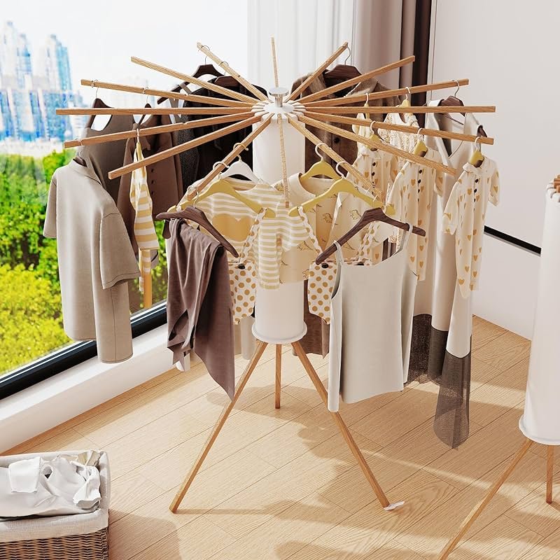 LIENAHU Clothes Drying Rack Tripod,Drying Rack Clothing,Laundry Drying Rack,Floor Standing,16 Wooden Poles,Collapsible Drying Racks for Laundry,Retractable,Foldable,Folding - Product Image
