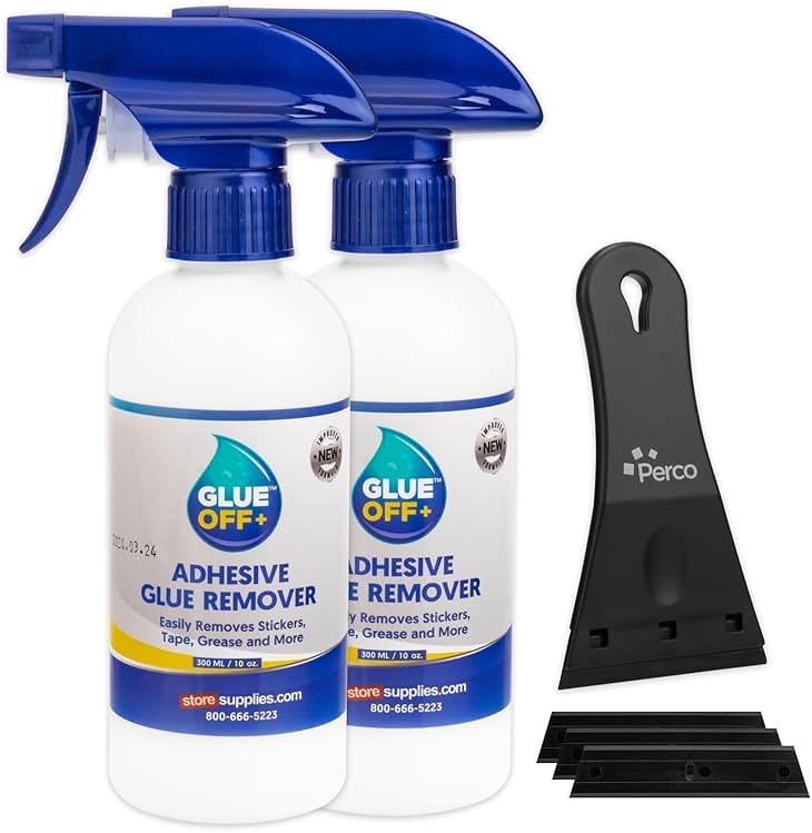Perco Glue Off Adhesive Remover - Set of 2 10 fl. oz with Scraper | Glue Remover Spray Effortlessly Erase Adhesive Hassles & Car Stickers - for Label Sticker Residue - Product Image