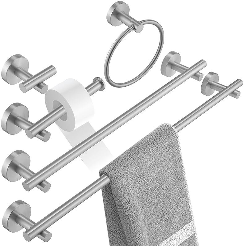 BATHLAVISH 5 Piece Bathroom Hardware Set Brushed Nickel Bath Accessories 24" Towel Bar Holder Set, Hand Towel Holder, Toilet Paper Holder, Towel Ring and Robe Hook, Stainless Steel Wall Mounted - Product Image