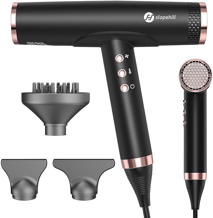 slopehill Professional Ionic Hair Dryer with Diffuser - Lightweight, Compact, Powerful & Fast Salon Blow Dryer with High Speed Brushless Motor for Travel, Women & Men Ceramic, Black - Product Image
