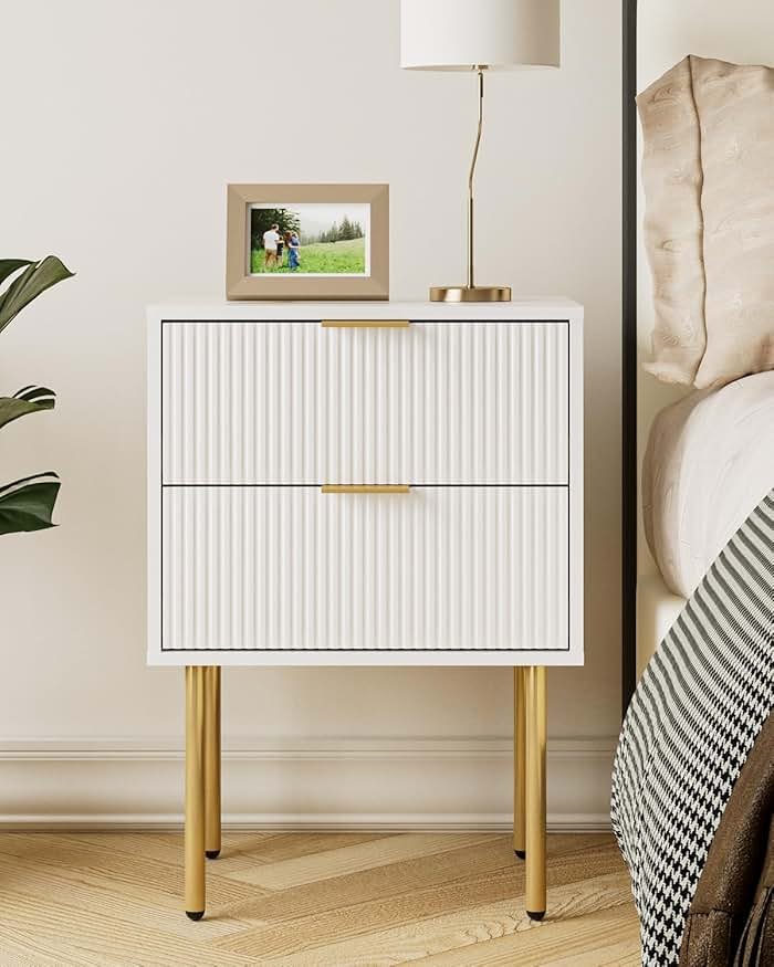 Aienvey Night Stand, Modern Nightstand with Drawers, Bedside Table, Gold Small Side Table for Bedroom, Living Room End Table (White Stripe, 2 Drawers) - Product Image