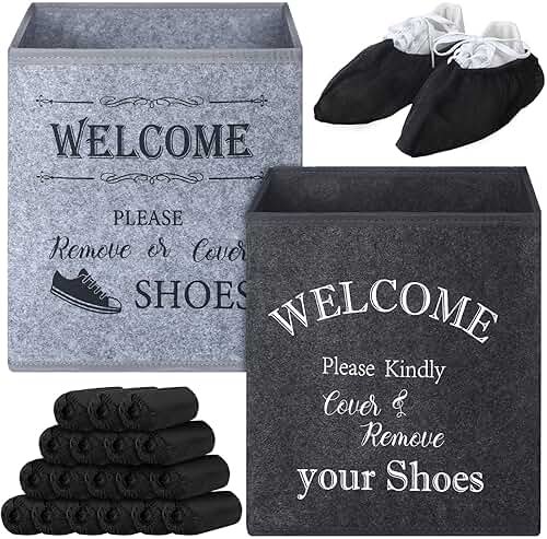 2 Shoe Cover Box Dispenser with 200 Pcs Disposable Shoe Covers, Please Cover or Remove Your Shoes and Used Covers, Indoor Foldable Storage Bin for Open House Supplies Real Estate Agent Supplies(Black) - Product Image