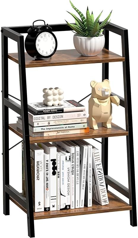 Lifenite 3-Tier Bookshelf, Ladder Shelf for Small Spaces, Industrial Short Bookshelf, Small Bookcase for Living Room, Bedroom, Home Office, Kitchen, 11.8 "D x 16.5" W x 31.3 "H, Rustic Brown - Product Image