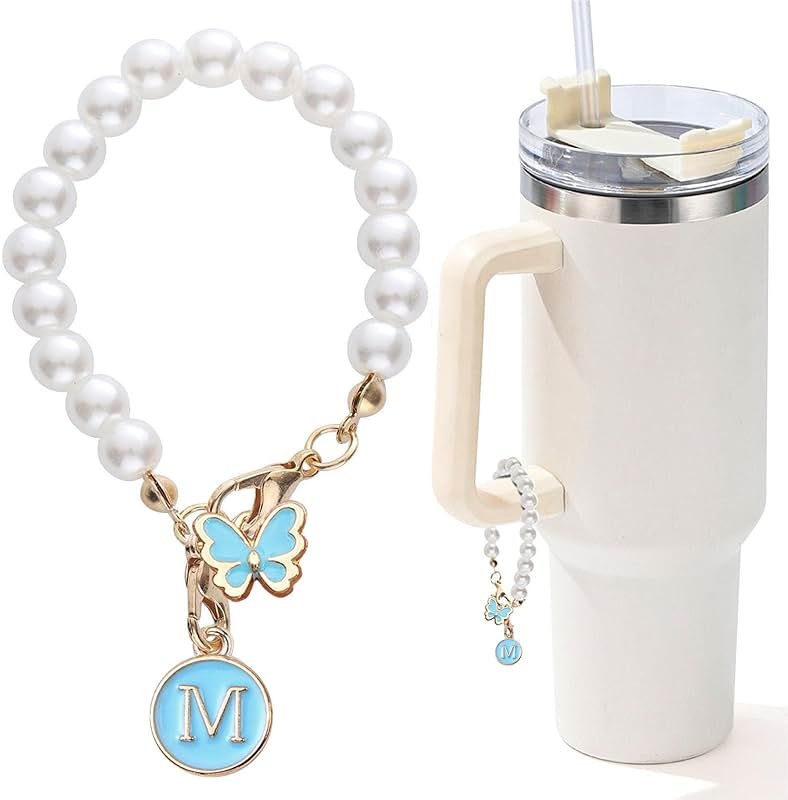 LUHOHI Accessories for Stanley Cup Pearl Chain Initial Accessoriess for Handle Stuff Decor Water Bottle Jewelry Tumbler Cute Simple Modern Personalized Name ID Decorations Letter Blue Tag M - Product Image