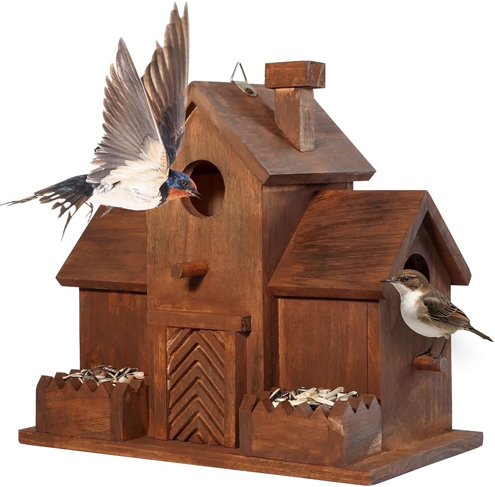 MIXUMON Bird Houses for Outside with Bird Feeder, Outdoor 3 Hole Bird House Room for 3 Bird Families Bluebird Finch Cardinals Hanging Birdhouse for Garden (Style 12) - Product Image