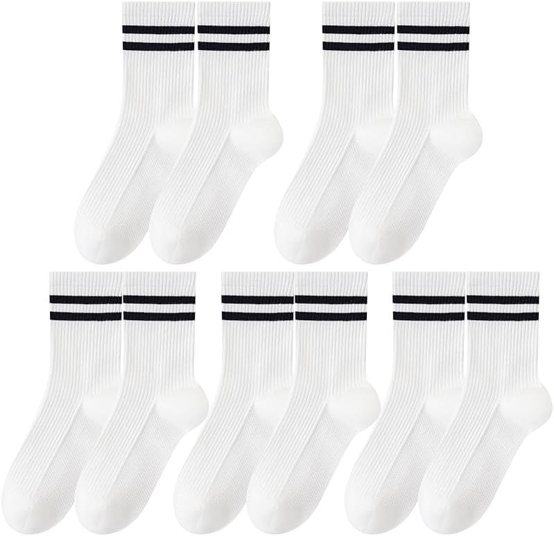 SailingTailor 5 Pairs Solid Color Two Stripe Crew Socks Casual Athletic Socks for women Girls - Product Image