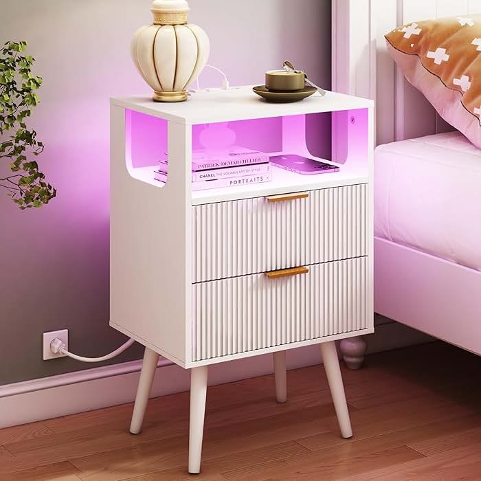 JOONEE White Nightstand with Charging Station and LED Lights,Modern Bedside Table with 2 Storage Drawer and Open Wood Shelf, for Bedroom and Small Spaces,Night Stand with Solid Wood Legs,White - Product Image