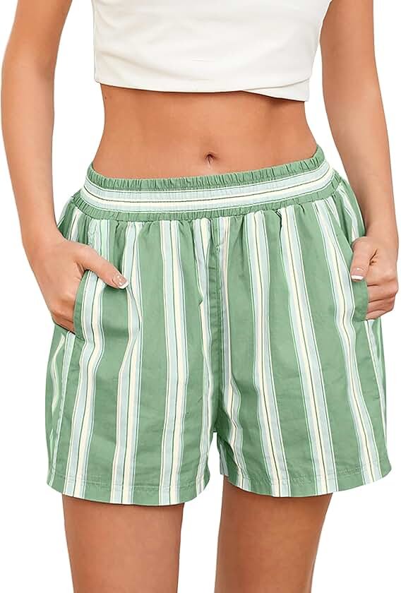 MISSACTIVER Women Striped Boxer Shorts Elastic High Rise Pajama Bottoms Casual Lounge Shorts with Pockets Sleepwear - Product Image