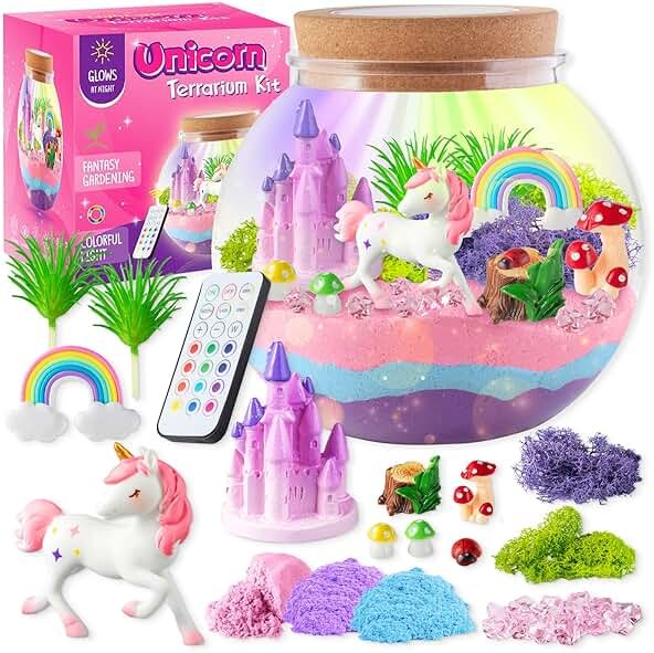 JOYEEMAX Unicorn Light-Up Terrarium Kit for Kids - LED Night Light Birthday Gift for Girls Ages 4 5 6 7 8-12 Year Old - Unicorn Toys for Girls - DIY Arts and Crafts Kit for Kids - Product Image