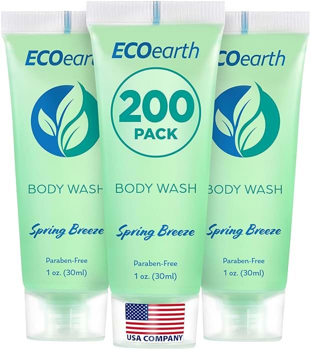 EcoEarth Travel Size Body Wash (1 fl oz, 200 PK, Spring Breeze), Delight Your Guests with a Revitalizing and Refreshing Hotel Body Wash, Quality Mini and Small Size Guest Hotel Toiletries in Bulk - Product Image
