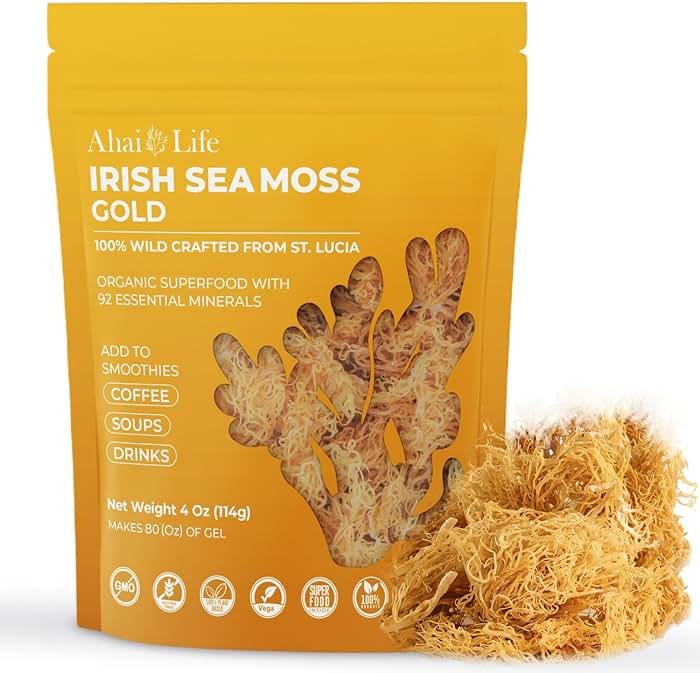 Gold Sea Moss Raw Organic | Makes 80oz of Gel | 100% Wildcrafted St. Lucia | Non-GMO Sun-Dried Irish Sea Moss | 92 Vitamins & Minerals | Vegan Superfood for Immunity, Digestion & Energy (4oz) - Product Image