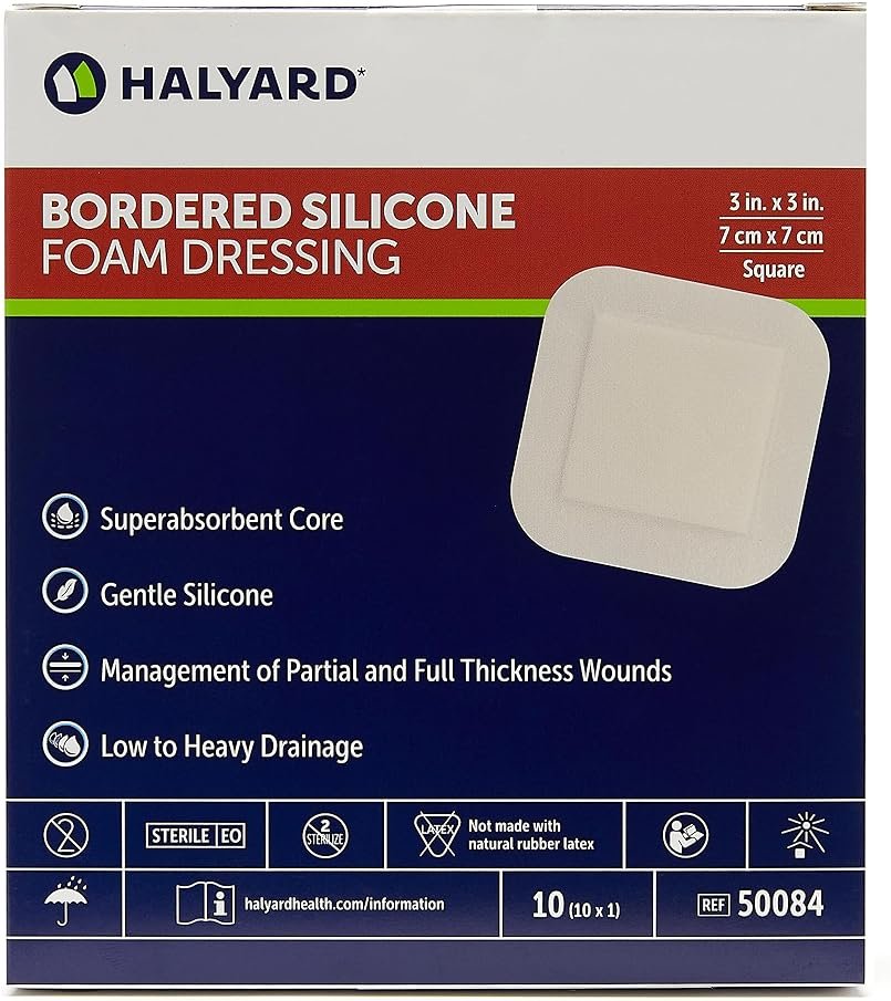 HALYARD Multi-Layer Bordered Silicone Foam Wound Dressing, Gentle Adhesive Superabsorbent Core Conformable & Breathable Water Resistant Protective Film Backing, 3 Inch x 3 Inch (Box of 10) - Product Image
