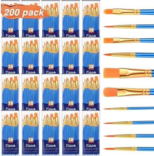 ESRICH Acrylic Paint Brushes Set, 20 Packs / 200 Pcs Nylon Hair Paint Brushes,Paint Brush Set Suitable for Oil,Watercolor,Rock Body Face Art, Kids Adult Perfect Art Painting Craft Paint Brush Kits. - Product Image