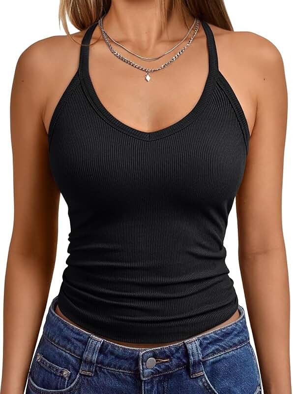 Trendy Queen Womens Racerback Ribbed Tank Tops V Neck Workout Summer Sleeveless Tops - Product Image
