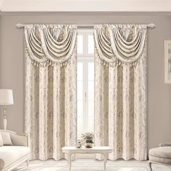Loom and Mill Luxury Damask Curtains with Attached Waterfall Valances for Bedroom, Thick Jacquard Window Curtains with Tiebacks for Living Room Party Home Decor, Rod Pocket(2 Panels, 52 x 84 Inch) - Product Image