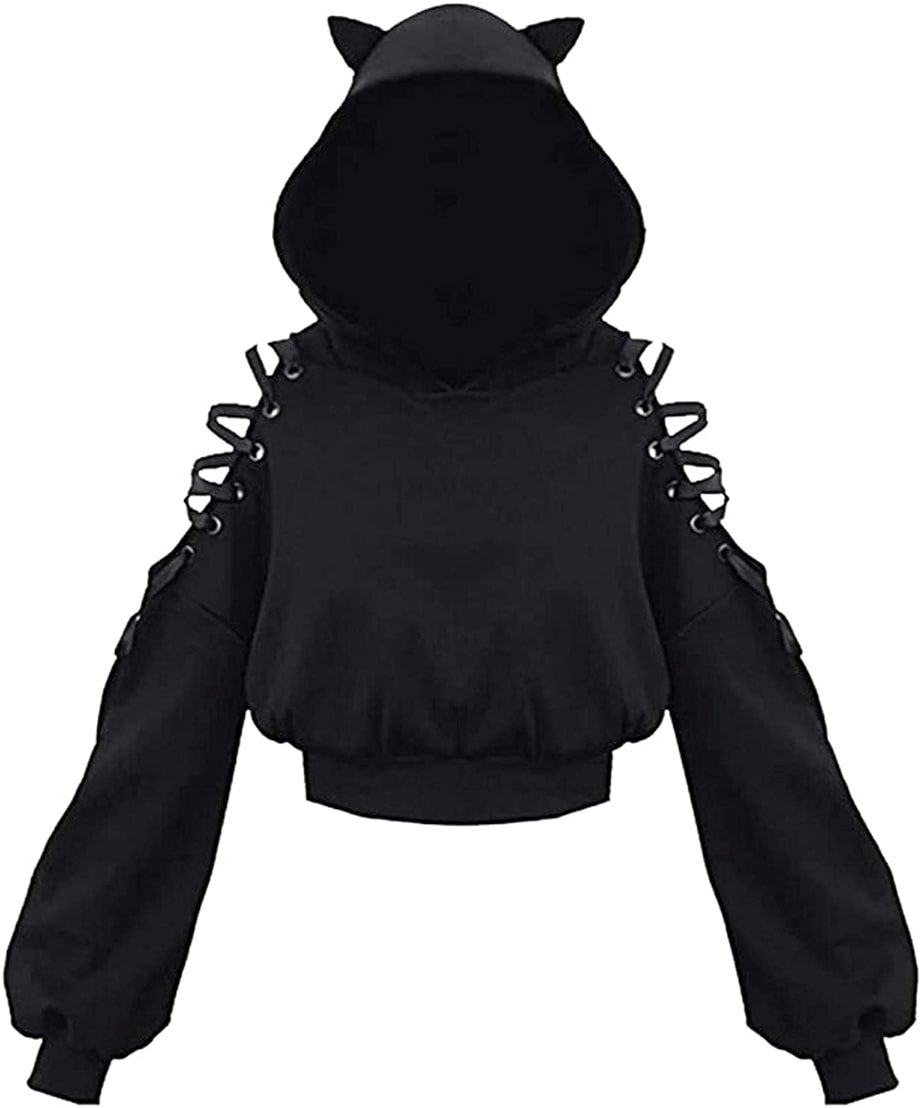 PMIYS Women's Halloween Hoodies Cute Ear Cat Long Sleeve Crop Sweatshirt Teen Girls Halloween Sweatshirts - Product Image