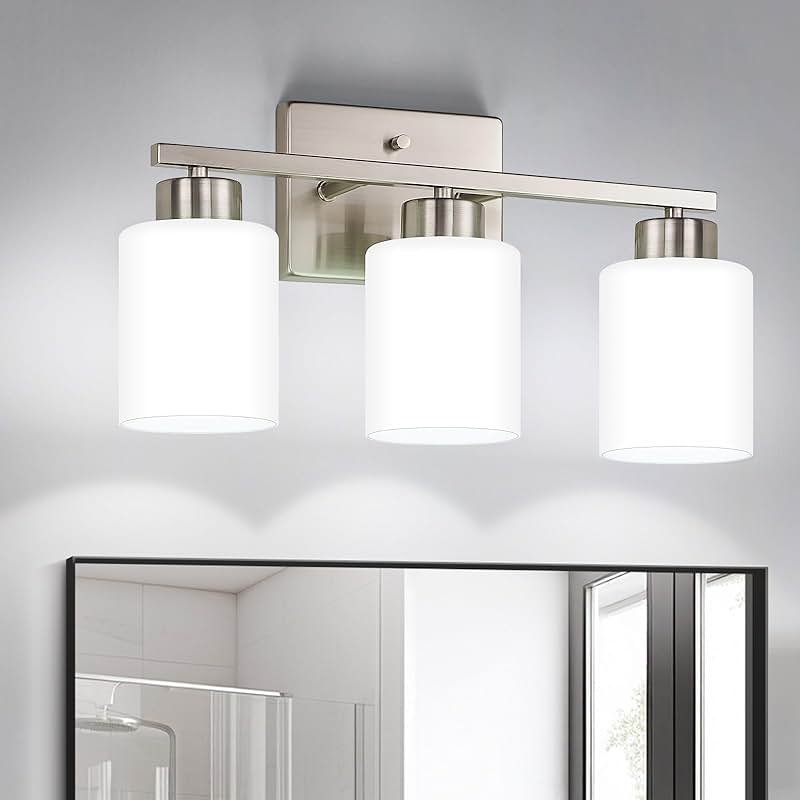 FonmYim Brushed Nickel Bathroom Light Fixtures, 3-Light Modern Vanity Light Over Mirror, Wall Sconces with Milky White Frosted Glass Shades, E26 Socket (Bulbs Not Included) - Product Image