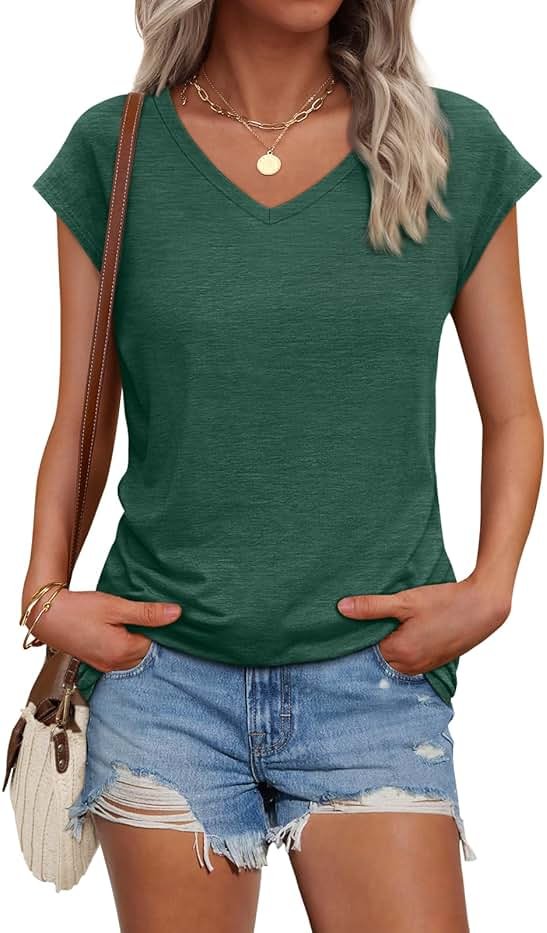AUTOMET Womens V Neck T Shirts Cap Sleeve Summer Dressy Casual Trendy Tops - Product Image