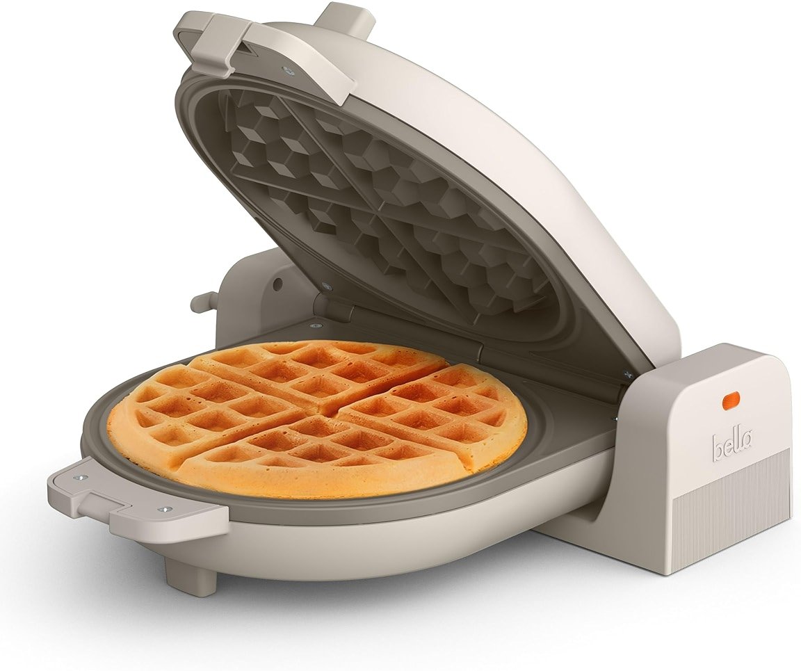 bella Flip-n-Store Waffle Maker with EverGood™ Ceramic Nonstick Coating, Fits-anywhere™ Kitchenware, Power Indicator Light, Cool Touch Handle & Cord Wrap, 7” Wide & 1" Deep Plates, 1000 Watt, Oatmilk - Product Image