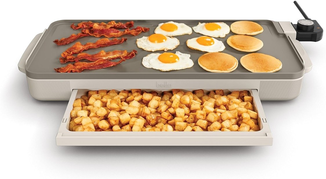 bella 10" x 20" Electric Griddle with Warming Tray, EverGood™ Ceramic Nonstick Coating & Removable Temperature Probe, Dishwasher-Safe Drip Tray & Cool Touch Handles, 1500 Watt, Oatmilk - Product Image